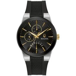 Hot Sale 🌟 Mens Bulova Multifunction Black Silicone Strap ⌚ Watch - 98C138 😀