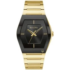 Hot Sale 😀 Mens Bulova Futuro Gold-tone Tonneau Black Dial ⌚ Watch - 97A164 ✨