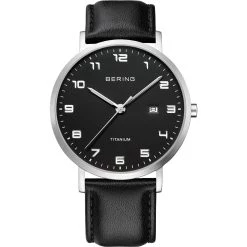 Budget ⌛ Mens BERING Titanium Case Leather Strap ⌚ Watch - 18640-402 🎁